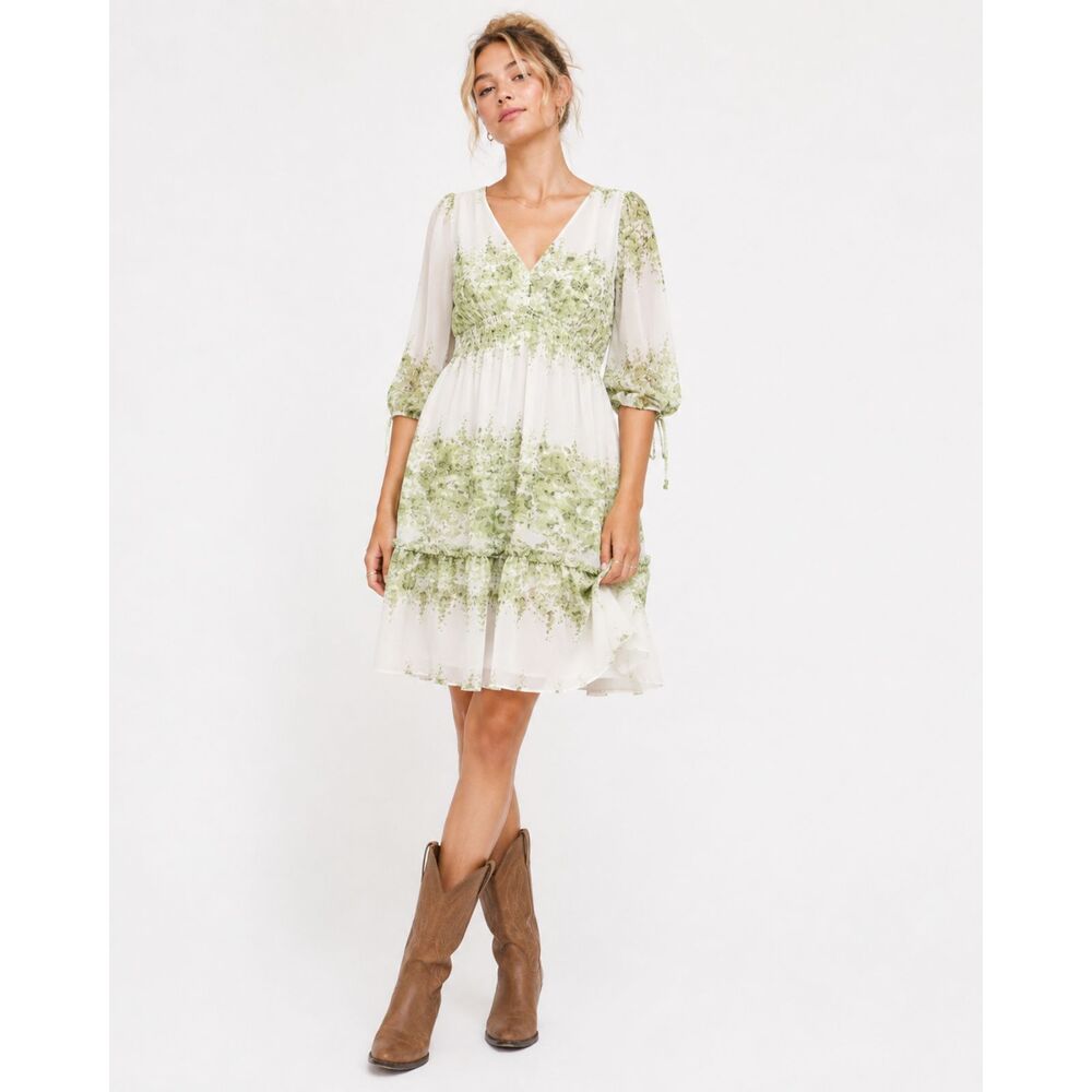 Taylor Green Floral Chiffon Fit Flare Dress Tie Cuff Ruffled Hem Cottagecore 8